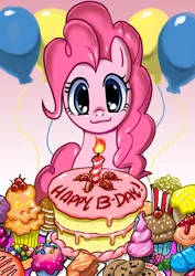 Size: 780x1101 | Tagged: safe, artist:johnjoseco, derpibooru import, pinkie pie, earth pony, pony, balloon, birthday, cake, cute, diapinkes, female, looking at you, mare, photoshop, solo