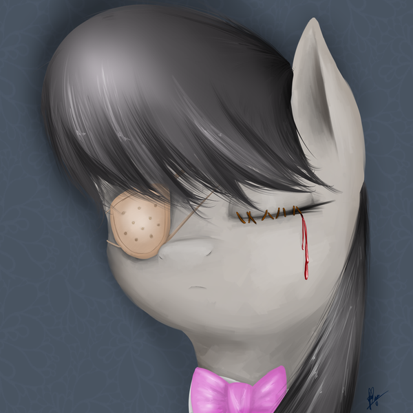 Size: 2000x2000 | Tagged: grimdark, artist:lilfaux, derpibooru import, octavia melody, earth pony, pony, blindness, blood, eyepatch, female, high res, mare, solo, stitched eyes, stitches