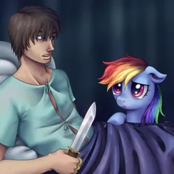 Size: 1280x1280 | Tagged: semi-grimdark, artist:7nights, artist:7nightsfuntimes, derpibooru import, rainbow dash, human, pegasus, pony, bed, context is for the weak, crying, duo, female, floppy ears, frown, hospital gown, human male, knife, male, mare, on back, pillow