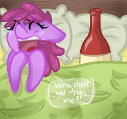 Size: 800x752 | Tagged: safe, artist:steeve, derpibooru import, berry punch, berryshine, earth pony, pony, bed, bottle, crying, female, floppy ears, mare, on back, pillow