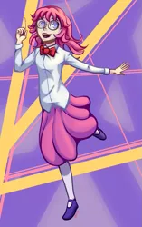 Size: 731x1162 | Tagged: abstract background, artist:7nights, bowtie, clothes, derpibooru import, female, glasses, human, humanized, pinkie pie, safe, skinny, skirt, solo