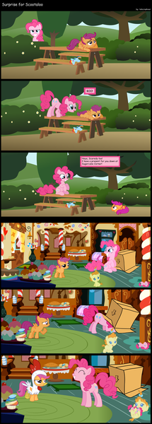 Size: 3756x10500 | Tagged: safe, artist:tehcrashxor, deleted from derpibooru, derpibooru import, pinkie pie, pumpkin cake, scootaloo, earth pony, pegasus, pony, unicorn, baby, baby pony, box, chicken suit, clothes, comic, female, filly, mare, plushie, scootachicken, sugarcube corner