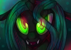 Size: 612x432 | Tagged: safe, artist:geckofly, derpibooru import, queen chrysalis, changeling, changeling queen, bust, fangs, female, frown, glowing eyes, image, jpeg, looking at you, open mouth, smiling, solo