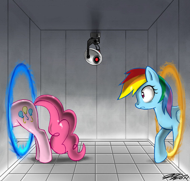 Size: 960x912 | Tagged: safe, artist:johnjoseco, derpibooru import, pinkie pie, rainbow dash, earth pony, pegasus, pony, crossover, female, mare, photoshop, portal, portal (valve)