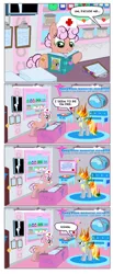 Size: 600x1456 | Tagged: safe, artist:pixelkitties, derpibooru import, derpy hooves, oc, earth pony, pegasus, pony, book, comic, duo, duo female, female, fire, hospital, mare, shocked