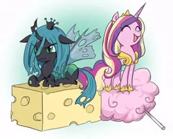 Size: 780x628 | Tagged: safe, artist:keterok, derpibooru import, princess cadance, queen chrysalis, alicorn, changeling, changeling queen, nymph, pony, :t, cheese, cheeseling, chibi, cotton candy, cute, cutealis, cutedance, duo, eyes closed, female, filly, floppy ears, food, frown, glare, gradient background, grumpy, image, jpeg, mare, micro, open mouth, paint tool sai, prone, queen swissalis, smiling