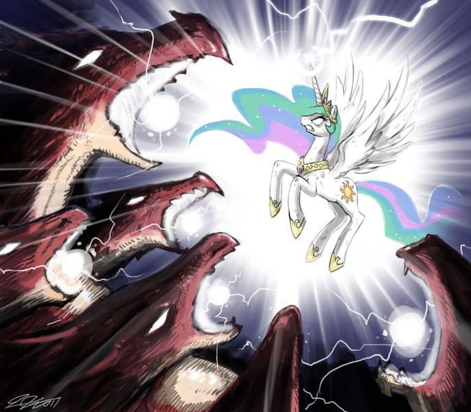 Size: 1200x1050 | Tagged: safe, artist:johnjoseco, derpibooru import, princess celestia, alicorn, dragon, hydra, pony, badass, female, flying, glowing eyes, mare, multiple heads, photoshop