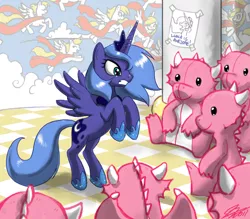 Size: 1050x919 | Tagged: safe, artist:johnjoseco, derpibooru import, princess luna, alicorn, dragon, pony, female, mare, photoshop, plushie, rearing, s1 luna, toy