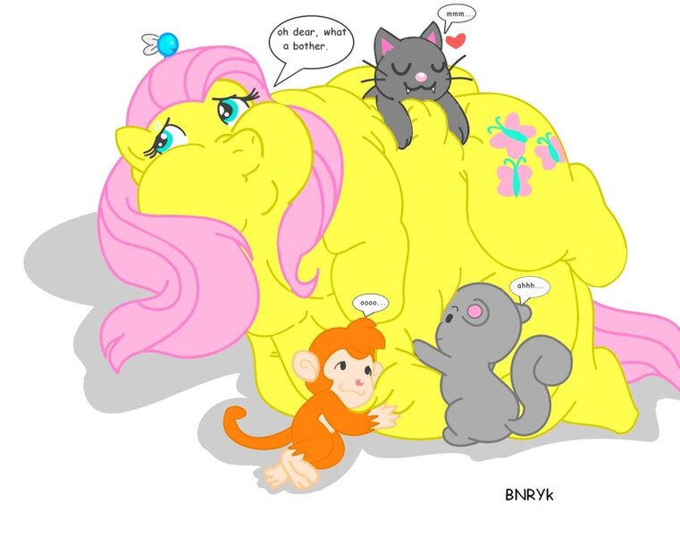 Size: 900x710 | Tagged: questionable, artist:bunearyk, derpibooru import, fluttershy, cat, monkey, parasprite, pegasus, pony, squirrel, :t, animal, belly, cuddling, dialogue, fat, fattershy, female, heart, hug, mare, morbidly obese, nose wrinkle, obese, pet, puffy cheeks, side, snuggling, squishy