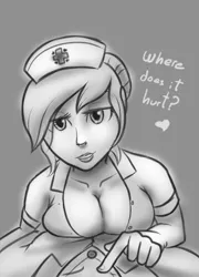 Size: 781x1084 | Tagged: artist:7nights, breasts, busty nurse redheart, cleavage, derpibooru import, female, human, humanized, leaning, monochrome, nurse redheart, pov, suggestive