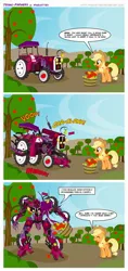 Size: 1340x2835 | Tagged: safe, artist:pixelkitties, derpibooru import, applejack, earth pony, pony, robot, apple, comic, crossover, duo, female, food, mare, megatron, orchard, tractor, transformers, tree