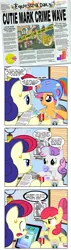 Size: 900x3151 | Tagged: safe, artist:pixelkitties, derpibooru import, apple bloom, scootaloo, sweetie belle, trixie, oc, oc:bon chance, earth pony, pegasus, pony, unicorn, comic, cutie mark crusaders, ear piercing, earring, female, filly, implied cannibalism, jewelry, keyser soze, mare, newspaper, piercing, sitting, the usual suspects