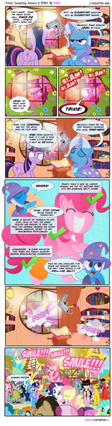 Size: 800x3032 | Tagged: safe, artist:pixelkitties, derpibooru import, applejack, cheerilee, derpy hooves, doctor whooves, fluttershy, lyra heartstrings, pinkie pie, rainbow dash, rarity, snails, snips, time turner, trixie, twilight sparkle, oc, oc:apple cider, oc:chef sandy, earth pony, pegasus, pony, unicorn, bronyville podcast, comic, confetti, crossover, egophiliac, felt, female, gun, handgun, implied spike, level up, male, mare, parade, parody, pistol, sethisto, sherlock, sherlock holmes, smiling, stallion, weapon