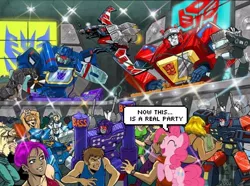 Size: 600x446 | Tagged: safe, derpibooru import, pinkie pie, rumble, earth pony, pony, blaster, eject, female, frenzy, laserbeak, mare, party, ravage, rearing, rewind, soundwave, transformers