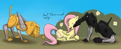 Size: 1024x417 | Tagged: safe, artist:bingodingo, derpibooru import, fluttershy, pegasus, pony, crossover, cute, eyes closed, female, mare, nuzzling, prone, ravage, steeljaw, transformers