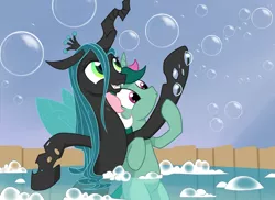 Size: 2185x1592 | Tagged: safe, artist:gsphere, derpibooru import, fizzy, queen chrysalis, changeling, changeling queen, pony, unicorn, bath, blowing, blowing bubbles, bubble, cute, cutealis, duo, duo female, female, g1, g1 to g4, g4, generation leap, mare, smiling, soap bubble, trypophobia, wet mane