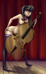 Size: 1184x1920 | Tagged: artist:7nights, belly button, bowtie, breasts, busty octavia, cello, clothes, colored pupils, derpibooru import, female, frilly underwear, human, humanized, looking at you, musical instrument, octavia melody, panties, partial nudity, purple underwear, sexy, shadow, socks, solo, solo female, stage, stockings, strategically covered, stupid sexy octavia, suggestive, thigh highs, topless, underwear