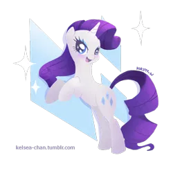 Size: 1000x1000 | Tagged: safe, artist:kelsea-chan, derpibooru import, rarity, pony, unicorn, abstract background, cutie mark background, female, mare, rearing, smiling, solo