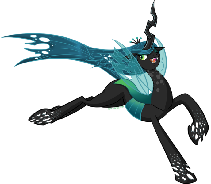 Size: 874x762 | Tagged: safe, artist:hollowzero, derpibooru import, queen chrysalis, changeling, changeling queen, fangs, female, image, jumping, lidded eyes, open mouth, png, raised hoof, signature, simple background, smiling, solo, transparent background, trypophobia