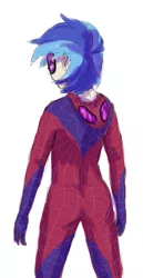 Size: 637x1231 | Tagged: artist:7nights, clothes, costume, derpibooru import, female, human, humanized, rear view, safe, simple background, solo, spider-man, vinyl scratch, white background