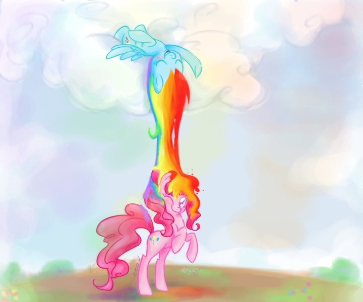 Size: 1280x1067 | Tagged: safe, artist:kelsea-chan, derpibooru import, pinkie pie, rainbow dash, earth pony, pegasus, pony, cloud, cloudy, duo, female, mare, on back, one eye closed, rainbow, rainbow waterfall, rearing, shower, sleeping, smiling, surreal, waterfall, wink