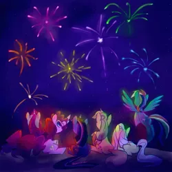 Size: 1000x1000 | Tagged: safe, artist:kelsea-chan, derpibooru import, applejack, fluttershy, pinkie pie, rainbow dash, rarity, twilight sparkle, earth pony, pegasus, pony, unicorn, back, featured image, female, fireworks, flying, glow, image, jpeg, mane six, mare, night, open mouth, pointing, prone, rear view, sitting, smiling, spread wings