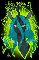 Size: 549x854 | Tagged: safe, artist:lolopan, derpibooru import, queen chrysalis, changeling, changeling queen, bust, female, frown, image, long ears, png, signature, solo
