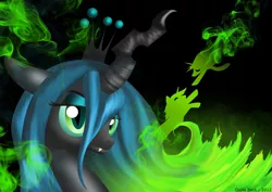 Size: 2303x1635 | Tagged: safe, artist:giuliabeck, derpibooru import, princess cadance, queen chrysalis, shining armor, changeling, changeling queen, bust, fangs, female, fire, image, lidded eyes, looking at you, png, portrait, silhouette, solo