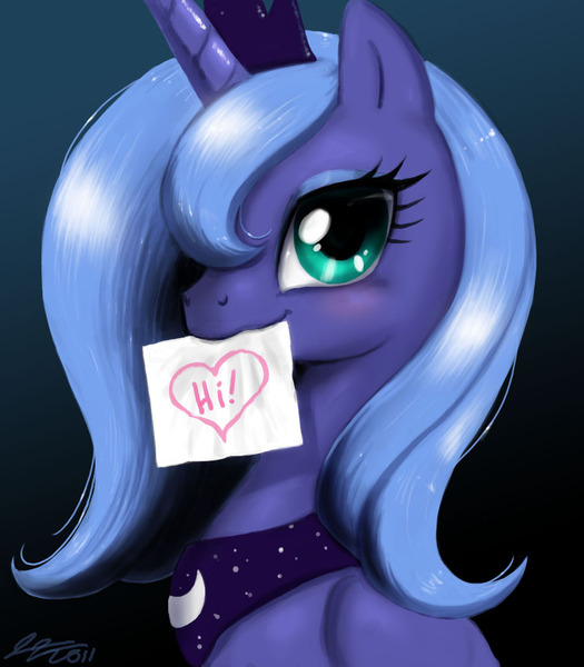 Size: 900x1029 | Tagged: safe, artist:johnjoseco, derpibooru import, princess luna, alicorn, pony, blushing, bronybait, bust, cute, female, gradient background, happy, heart, hi, horn, jewelry, looking at you, mare, mouth hold, note, paper, photoshop, portrait, profile, regalia, s1 luna, sitting, smiling, solo, tiara