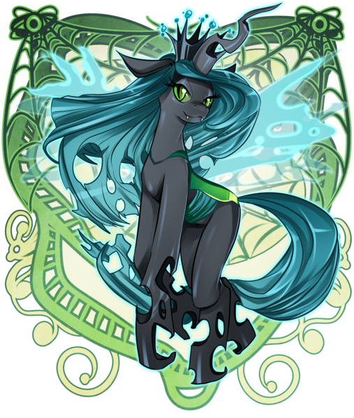 Size: 1280x1516 | Tagged: safe, artist:oskar vega, artist:raspbearyart, derpibooru import, queen chrysalis, changeling, changeling queen, fangs, female, floppy ears, flying, image, lidded eyes, modern art, nouveau, png, simple background, smiling, solo, transparent background