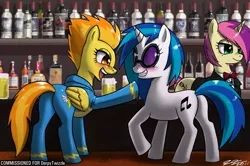 Size: 1200x799 | Tagged: safe, artist:johnjoseco, derpibooru import, spitfire, vinyl scratch, oc, unnamed oc, pegasus, pony, unicorn, alcohol, bar, bartender, beer, blushing, drunk, female, image, jpeg, lesbian, mare, photoshop, rarepair, shipping, smiling, trio, vinylfire, whiskey, wine, wine bottle