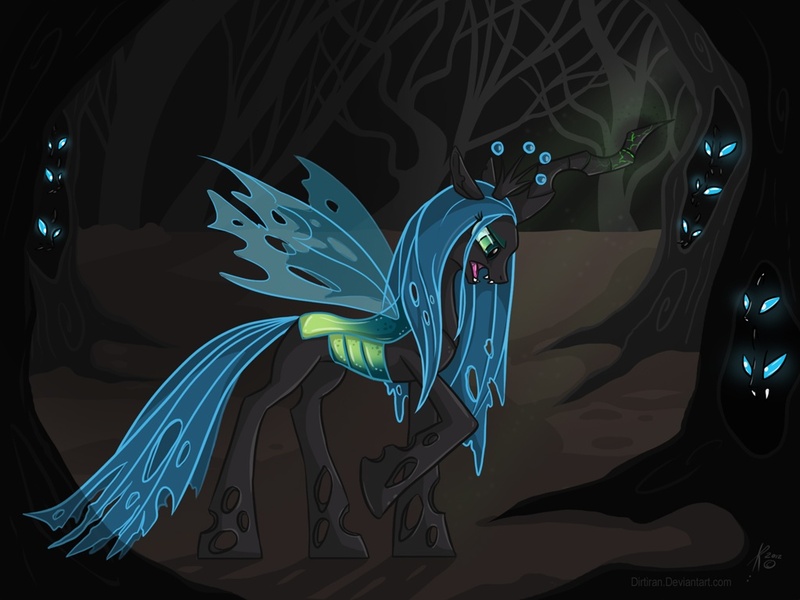 Size: 1024x768 | Tagged: artist needed, safe, derpibooru import, queen chrysalis, changeling, changeling queen, deviantart link, fangs, female, floppy ears, forest, glowing eyes, image, jpeg, looking down, open mouth, raised hoof, sad, signature, standing, tree