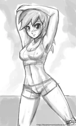 Size: 700x1167 | Tagged: abs, arm behind head, armpits, artist:johnjoseco, belly button, breasts, busty rainbow dash, cleavage, clothes, derpibooru import, exercise, female, grayscale, human, humanized, midriff, monochrome, muscles, rainbow dash, solo, solo female, sports bra, sports shorts, suggestive, sweat
