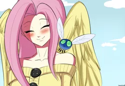 Size: 1600x1100 | Tagged: artist:ninja-8004, blushing, clothes, cute, derpibooru import, eyes closed, female, fluttershy, human, humanized, parasprite, safe, shyabetes, smiling, solo, swarm of the century, sweater, sweatershy, winged humanization