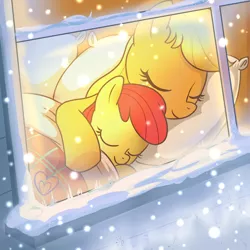 Size: 1000x1000 | Tagged: safe, artist:madmax, derpibooru import, apple bloom, applejack, earth pony, pony, apple sisters, bed, cuddling, cute, duo, duo female, female, filly, foal, mare, pillow, siblings, sisters, sleeping, smiling, snow, snowfall, snuggling, sweet dreams fuel, window