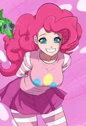 Size: 1300x1900 | Tagged: abstract background, artist:ninja-8004, biting, clothes, colored pupils, derpibooru import, female, gummy, hair bite, human, humanized, pinkie pie, safe, skirt, smiling, socks, striped socks, thigh highs