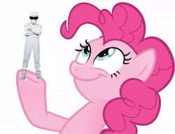 Size: 990x759 | Tagged: safe, derpibooru import, pinkie pie, earth pony, pony, female, look what pinkie found, mare, meme, simple background, smiling, the stig, top gear, white background