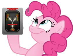 Size: 990x759 | Tagged: safe, derpibooru import, pinkie pie, earth pony, pony, back to the future, female, flux capacitor, look what pinkie found, mare, meme, simple background, smiling, solo, transparent background