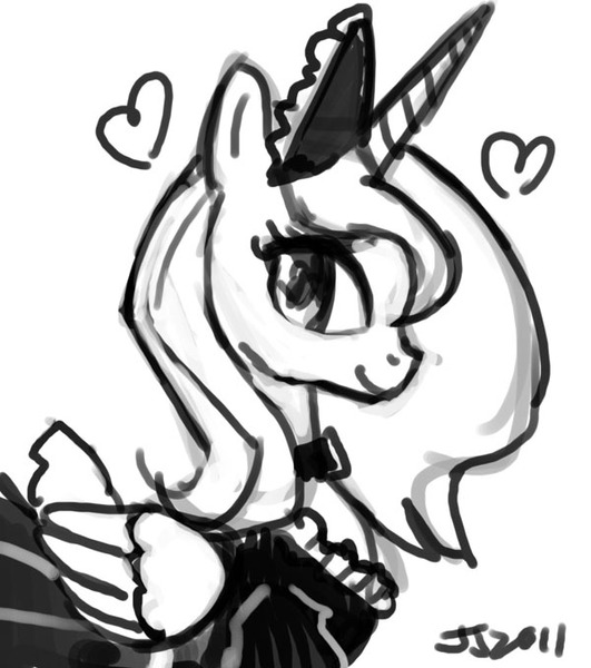 Size: 600x678 | Tagged: safe, artist:johnjoseco, derpibooru import, princess luna, alicorn, pony, clothes, female, grayscale, heart, maid, mare, monochrome, photoshop, profile, s1 luna, simple background, solo, white background