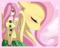 Size: 1800x1440 | Tagged: safe, artist:ninja-8004, derpibooru import, fluttershy, human, pegasus, pony, blushing, breasts, busty fluttershy, clothes, female, hair over one eye, human ponidox, humanized, mare, skirt, sweater, sweatershy, winged humanization