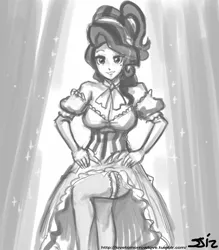Size: 735x840 | Tagged: artist:johnjoseco, breasts, busty cherry jubilee, cherry jubilee, cleavage, clothes, derpibooru import, dress, female, garter, grayscale, human, humanized, monochrome, safe, solo