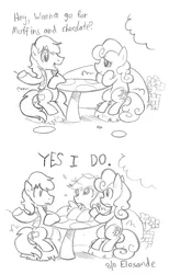 Size: 616x1000 | Tagged: safe, artist:elosande, derpibooru import, braeburn, carrot top, derpy hooves, golden harvest, earth pony, pegasus, pony, carrotburn, female, male, mare, monochrome, mushroom table, shipping, sitting, stallion, straight