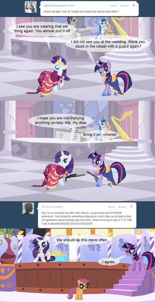 Size: 850x1650 | Tagged: semi-grimdark, derpibooru import, octavia melody, princess sparkle, rarity, scootaloo, twilight sparkle, vinyl scratch, earth pony, pegasus, pony, unicorn, ask terry, blood, clothes, comic, cut, dress, female, filly, gala dress, gun, implied violence, injured, makeup, mare, terry, weapon