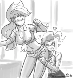Size: 800x859 | Tagged: applebutt, applejack, artist:johnjoseco, breasts, busty applejack, butt, butthug, cleavage, derpibooru import, faceful of ass, female, floating heart, front knot midriff, grayscale, heart, hilarious in hindsight, hug, human, humanized, lesbian, mayorjack, mayor mare, midriff, monochrome, shipping, suggestive