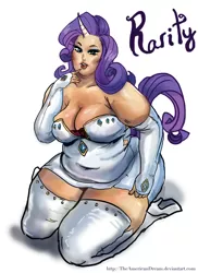 Size: 821x1129 | Tagged: artist:theamericandream, bbw, belly button, breasts, busty rarity, chubbity, chubby, cleavage, derpibooru import, fat, female, horned humanization, human, humanized, kneeling, raritubby, rarity, suggestive, tailed humanization