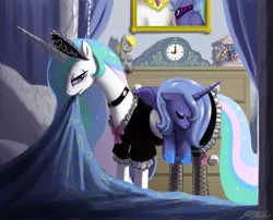 Size: 1500x1212 | Tagged: safe, artist:johnjoseco, derpibooru import, derpy hooves, princess celestia, princess luna, alicorn, pony, bed, carrying, clock, clothes, female, fishnets, french maid, maid, maidlestia, mare, mouth hold, painting, photoshop, plushie, s1 luna, toy