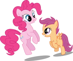 Size: 8000x6693 | Tagged: safe, artist:paranoidpuppiesinc, derpibooru import, pinkie pie, scootaloo, earth pony, pegasus, pony, absurd resolution, duo, duo female, female, filly, mare, simple background, skipping, smiling, transparent background, vector