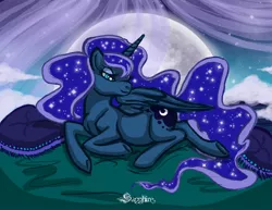 Size: 3300x2550 | Tagged: safe, artist:sapphireiceangel, derpibooru import, princess luna, alicorn, pony, bed, bedroom eyes, female, high res, mare, missing accessory, moon, night, pillow, pregnant, prone, sensibly-proportioned pregnancy, smiling, solo, underhoof