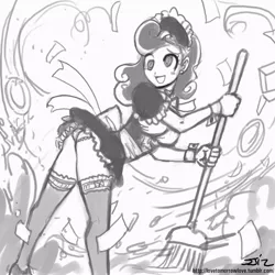 Size: 850x850 | Tagged: artist:johnjoseco, breasts, broom, clothes, costume, derpibooru import, female, grayscale, human, humanized, looking back, maid, monochrome, screwball, solo, solo female, suggestive