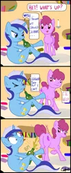 Size: 482x1174 | Tagged: safe, artist:colgatefim, derpibooru import, berry punch, berryshine, minuette, earth pony, pony, unicorn, alcohol, anatomically incorrect, bedroom eyes, berrygate, book, bookshelf, bottle, butt, candle, champagne, comic, cork, dialogue, drink, female, golden oaks library, horn, incorrect leg anatomy, indoors, innuendo, lesbian, library, lidded eyes, mare, mooning, mouth hold, one-shot comic, plot, presenting, shipping, speech bubble, surprised, turning, wide eyes
